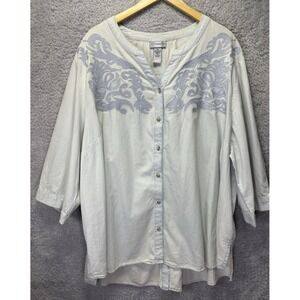 Catherines Paisley Popover Embroidered Button Up Split Neck Chambray 4X